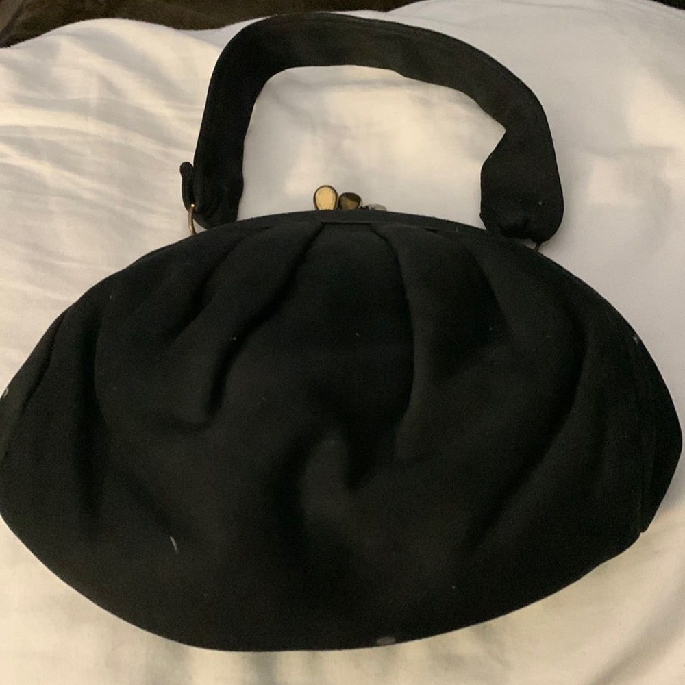 Vintage black fabric  evening bag with satin interior and change purse